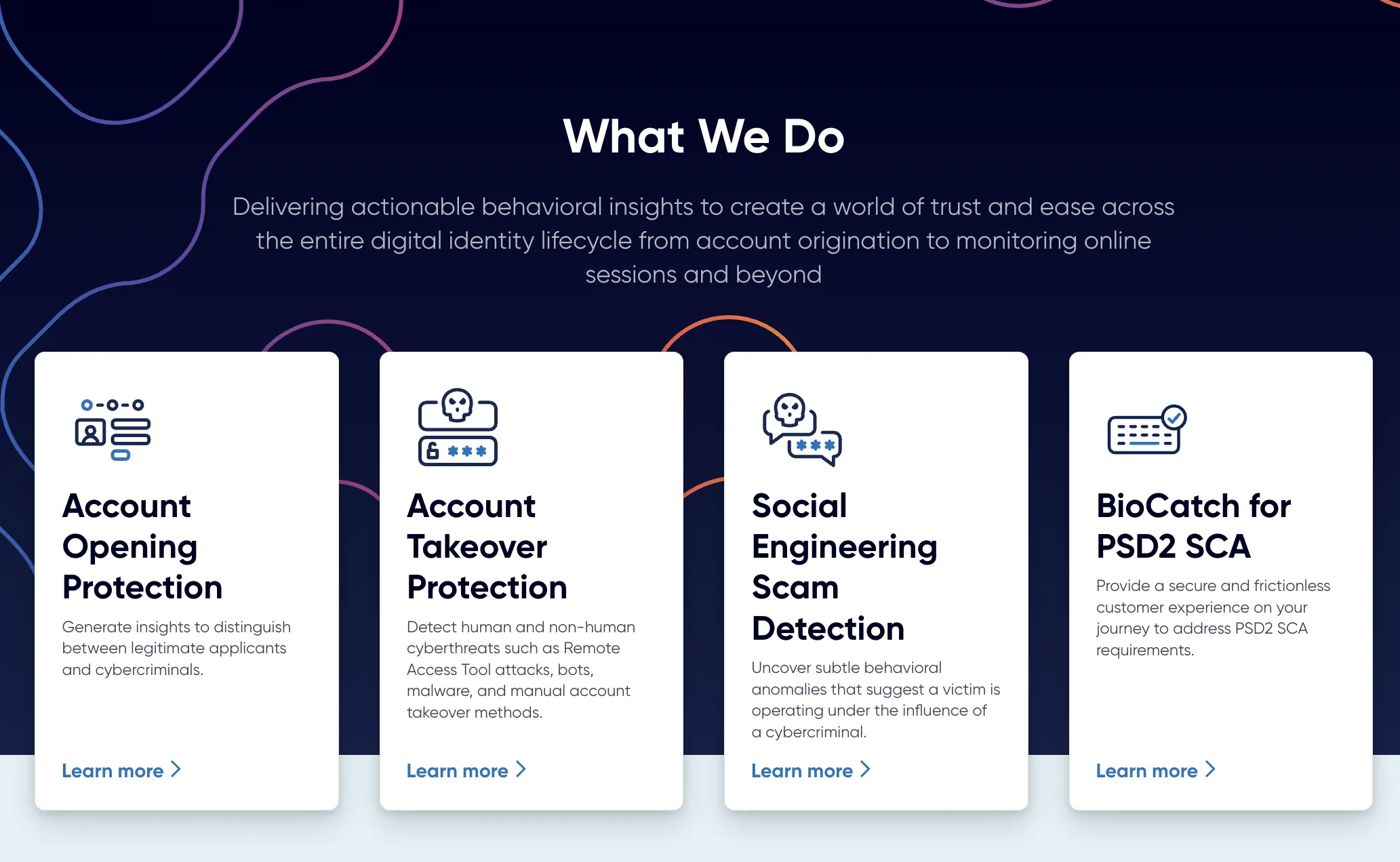 BioCatch website What We Do section with four product cards for account opening, account takeover, social engineering scam detection and PSD2 SCA.