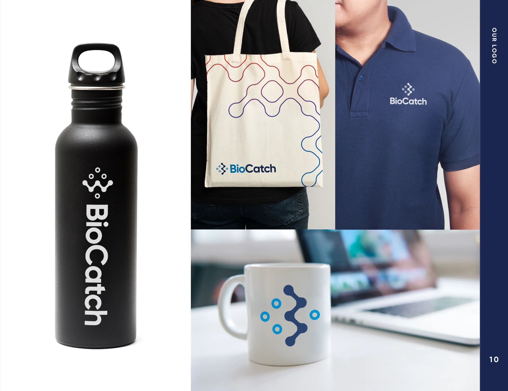Branded BioCatch merchandise including water bottle, tote bag, polo shirt and mug showing the design system applied.