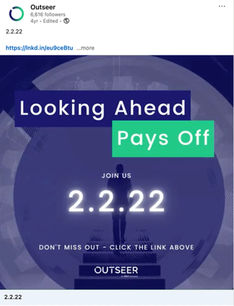 LinkedIn countdown post reading Looking Ahead Pays Off, join us 2.2.22.