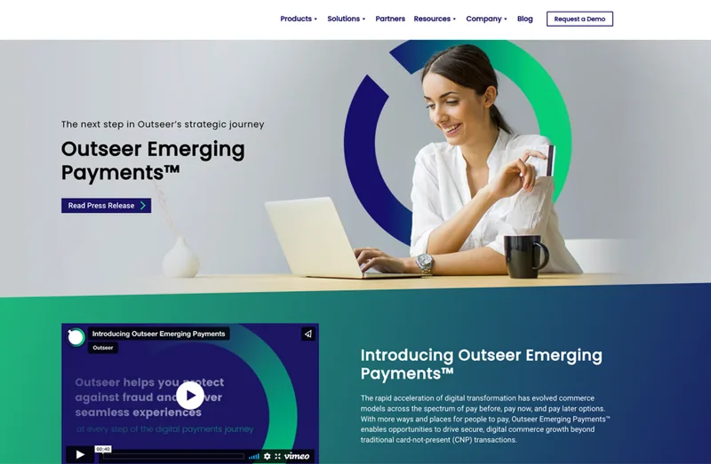 Outseer Emerging Payments launch page with press release link and introduction video.