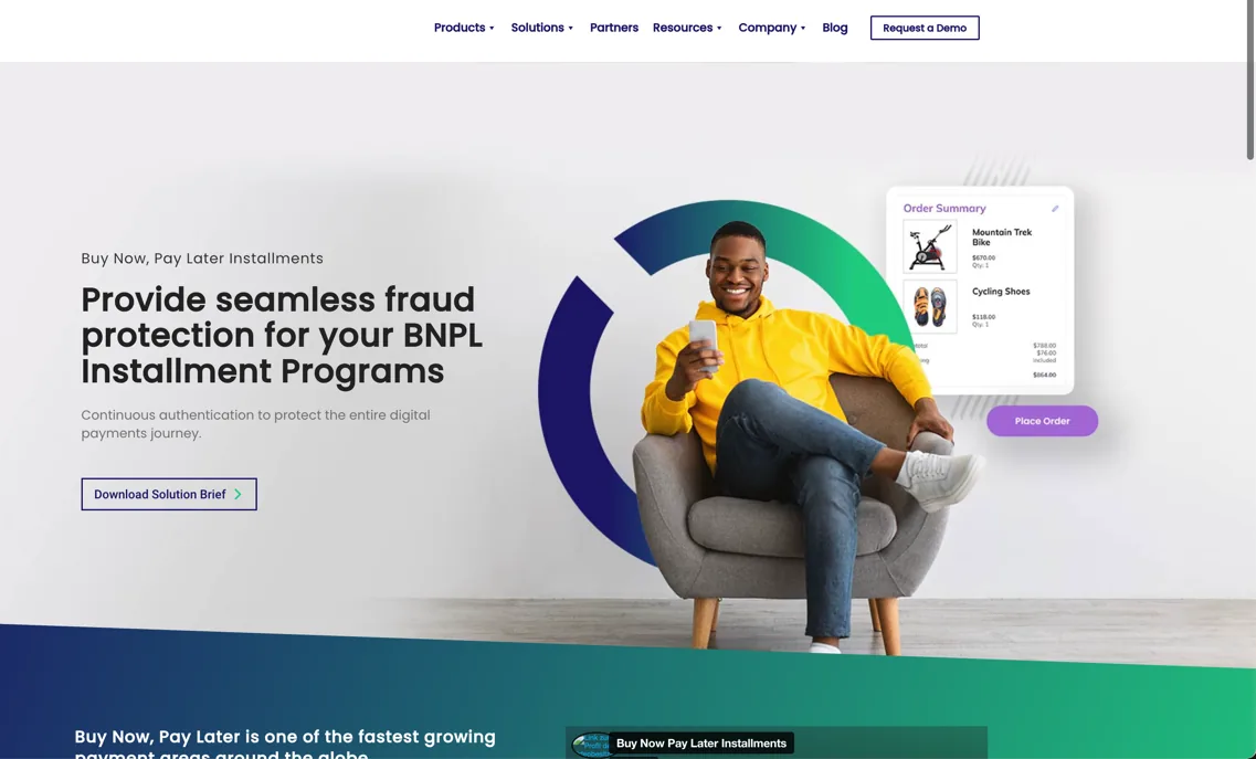 Outseer BNPL product page with the headline Provide seamless fraud protection for your BNPL installment programs.