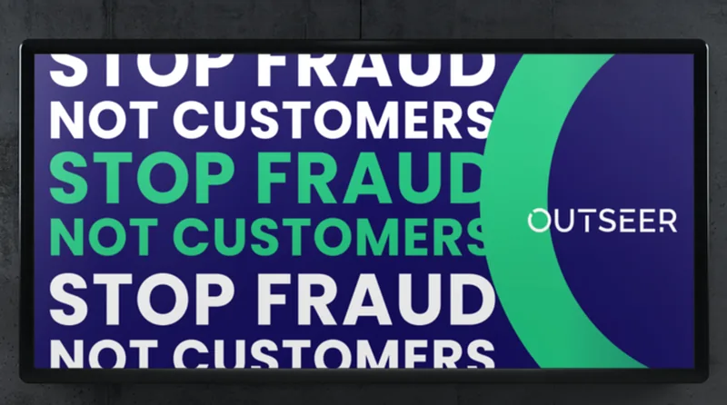 Stop Fraud Not Customers billboard mockup with a seated woman using a phone.