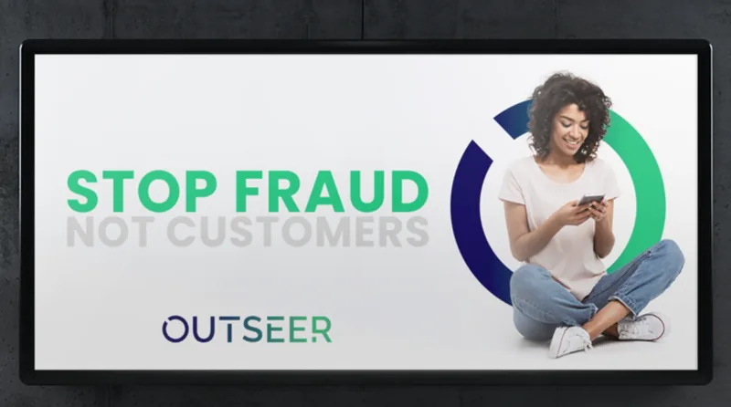 Stop Fraud Not Customers billboard mockup with a woman carrying shopping bags.
