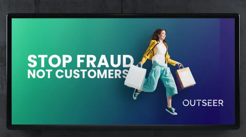 Stop Fraud Not Customers billboard mockup with repeated stacked typography in Outseer green and navy.