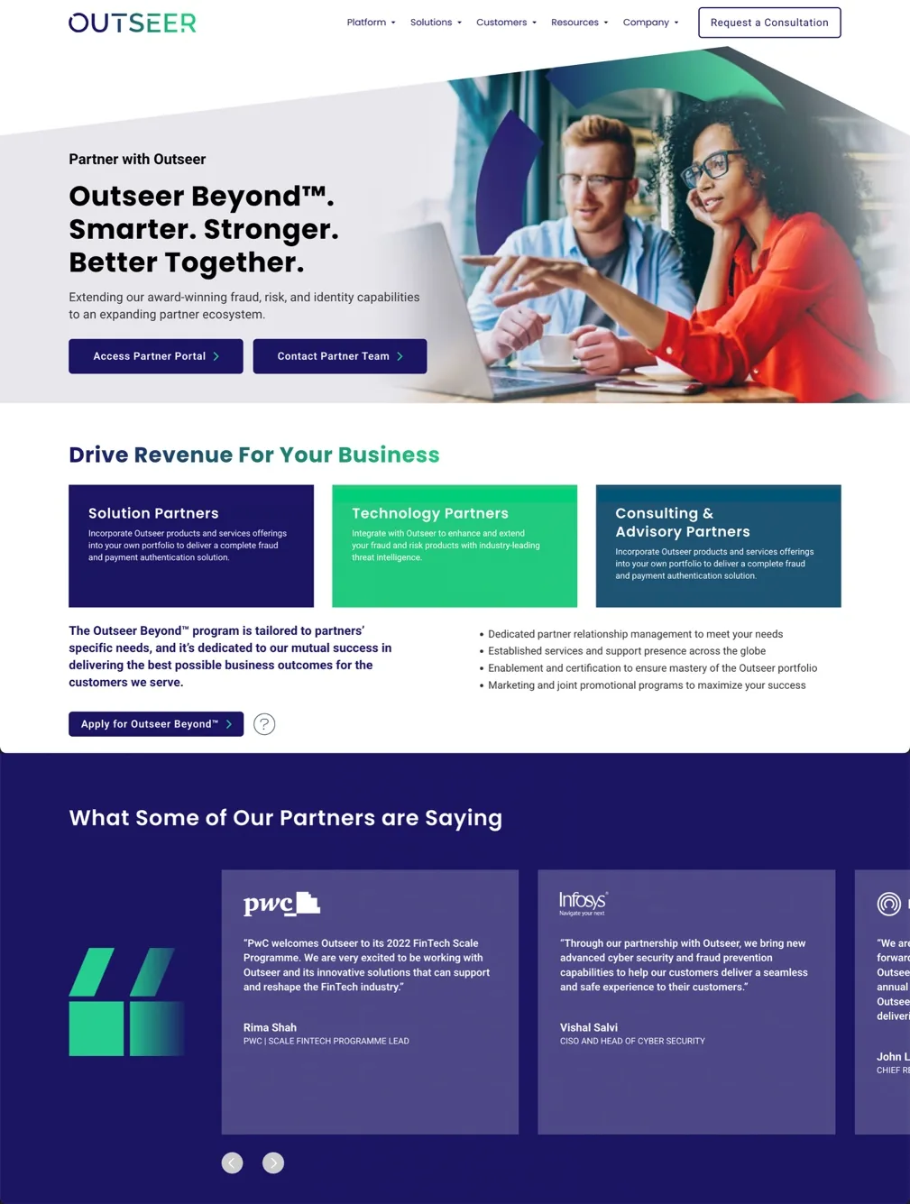 Outseer partner network page layout.