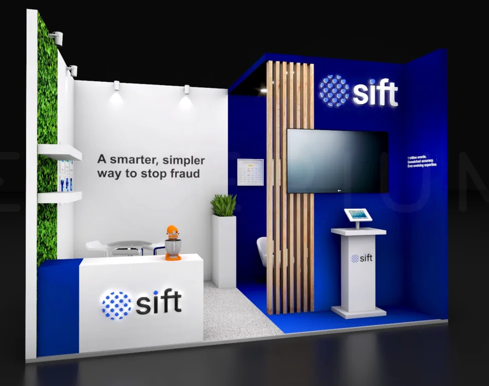 Render of the Sift iGaming booth with living green wall, timber slats and demo station.