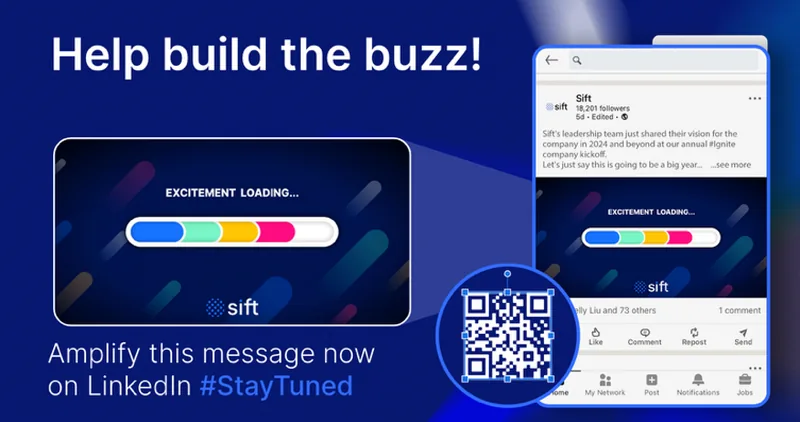 Help build the buzz internal social promotion asset with an excitement loading bar and QR code.