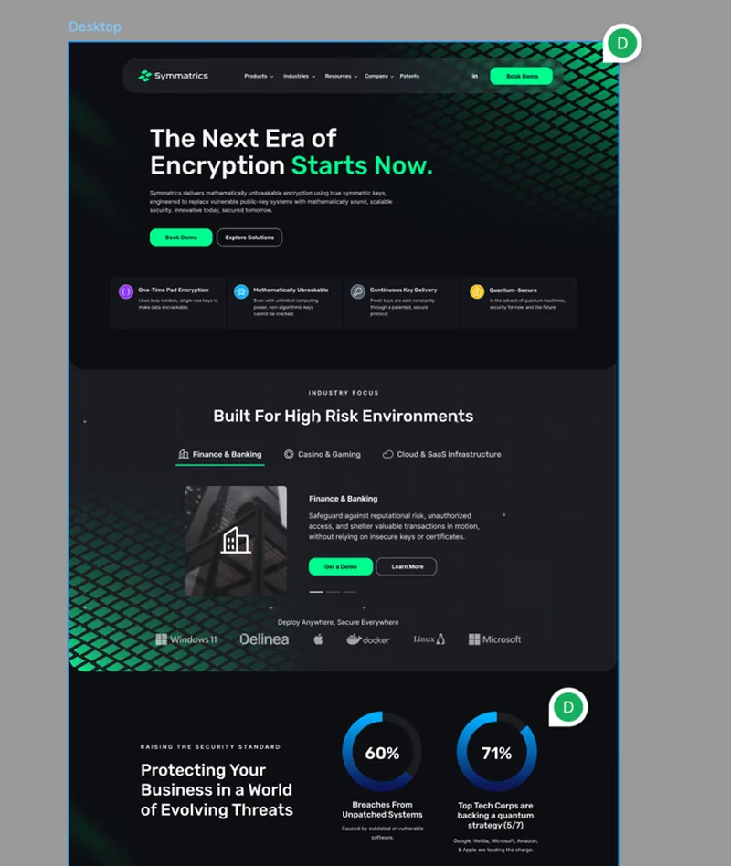 Symmatrics homepage design showing hero, product pillars, high risk environments and threat statistics sections.