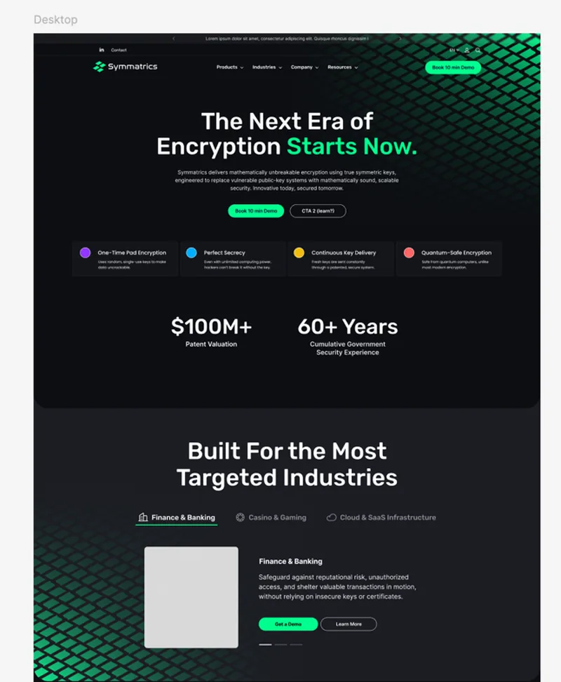 Symmatrics homepage design variant showing patent valuation and combined government security experience figures.